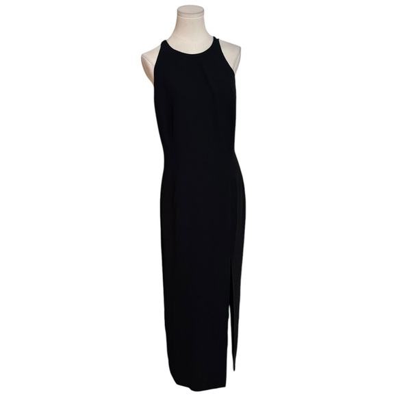 TAHARI Black Midi Dress Strappy Back Slit Cocktail Party Wedding‎ Size 12 Sexy - Picture 1 of 8